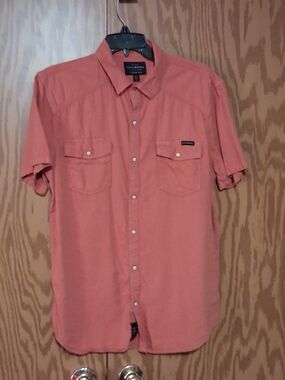 Lucky Brand Men’s Medium Pearl Snap Western Shirt Coral Washed Worn Vintage Fade